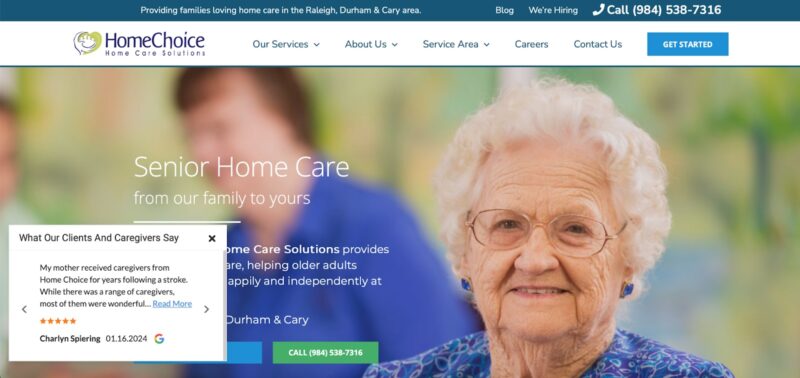 An example of a home care website with reviews featured immediately on the home page in the form of a small widget.