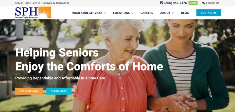 Home care websites like this one use highly visibly buttons to increase engagement.