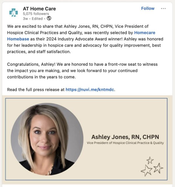 A LinkedIn post highlights a home care agency employee's recognition.