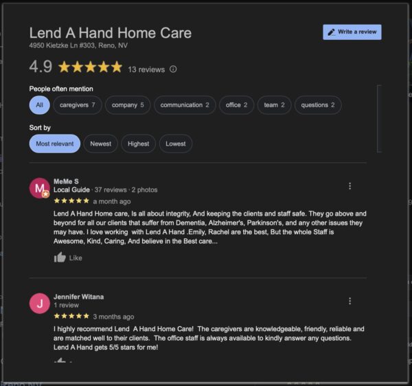 An example a positive reviews from home care clients.