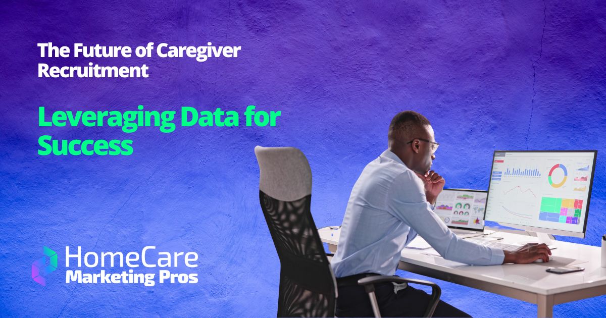 A graphic with a man looking at different graphs and forms of information represents data needed for caregiver recruitment.