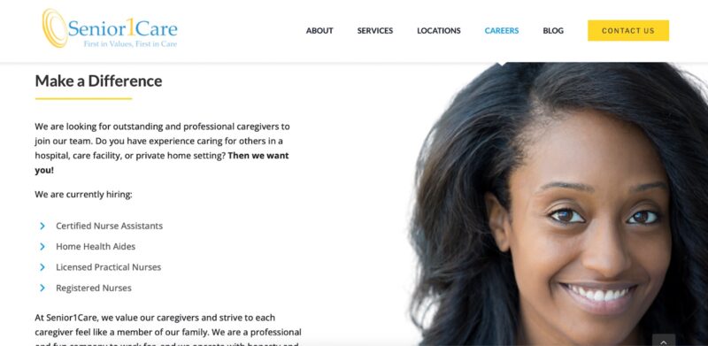 An example of a career page representing a home care agency well as part of a good recruitment marketing strategy.