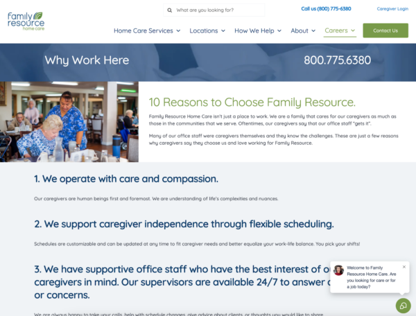 An example of a home care website page that contributes to a strong employer brand.