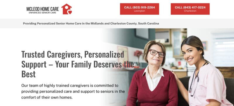 A home care PPC landing page features phone numbers prominently at the top.